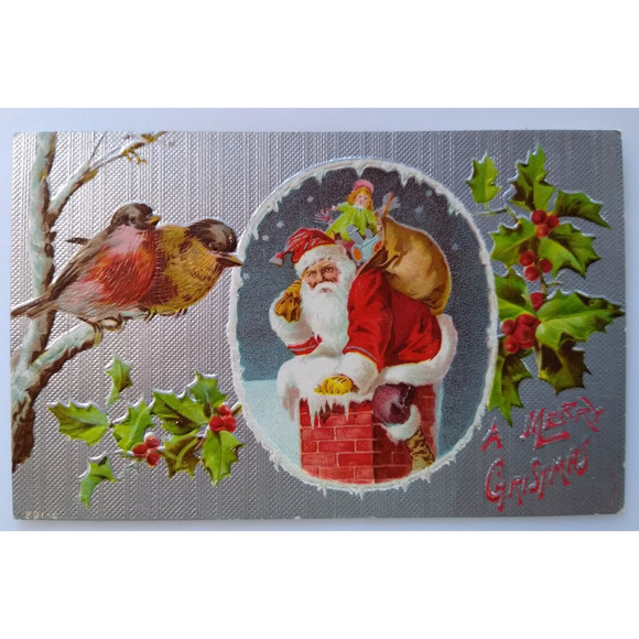 Santa Claus Christmas Postcard Saint Nick Chimney Top Robins Songbirds Embossed
